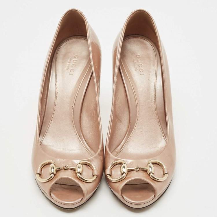 Pre Owned Gucci Beige Guccissima Patent Leather New Hollywood Horsebit Peep Toe Pumps Size 39