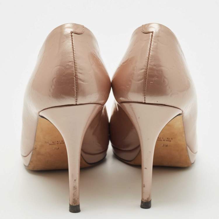 Pre Owned Gucci Beige Guccissima Patent Leather New Hollywood Horsebit Peep Toe Pumps Size 39