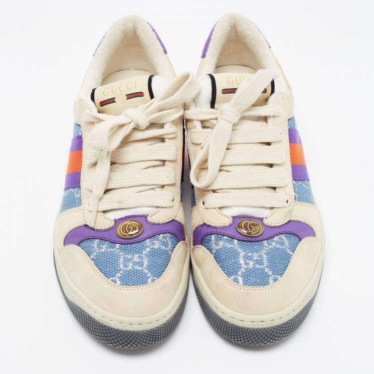 Pre Owned Gucci Multicolor Nubuck and Canvas Low Top Screener Sneakers Size 38.5