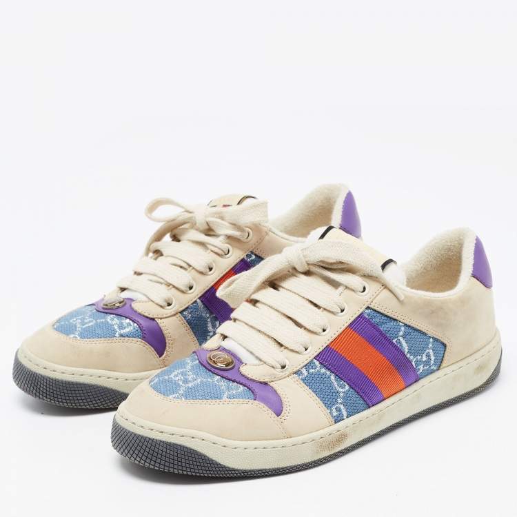 Pre Owned Gucci Multicolor Nubuck and Canvas Low Top Screener Sneakers Size 38.5
