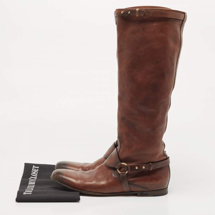 Pre Owned Gucci Brown Leather Riding Knee Boots Size 39.5