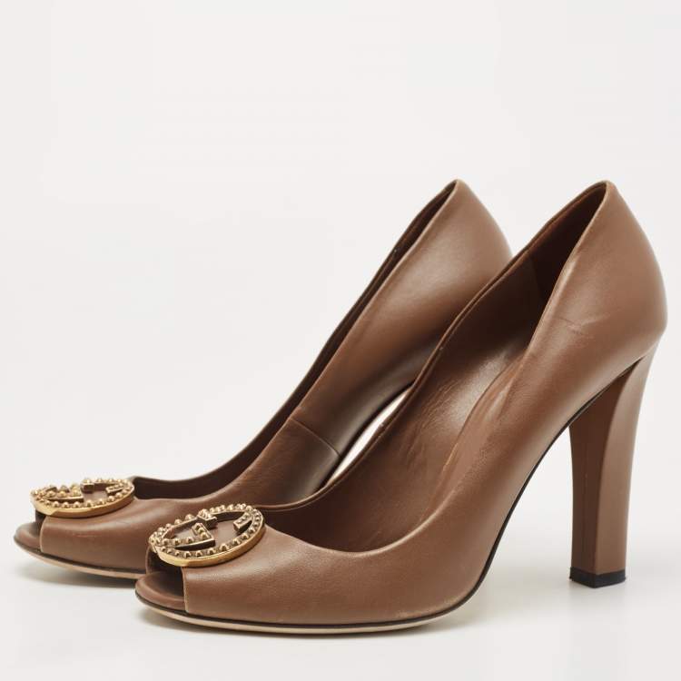 Pre Owned Gucci Brown Leather GG Peep Toe  Pumps Size 41