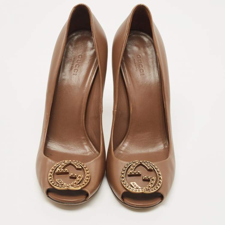 Pre Owned Gucci Brown Leather GG Peep Toe  Pumps Size 41