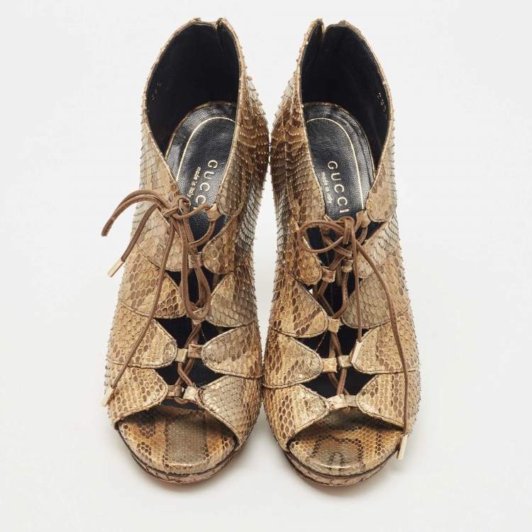 Pre Owned Gucci Metallic Python Open Open Toe Ankle Boots Size 36.5