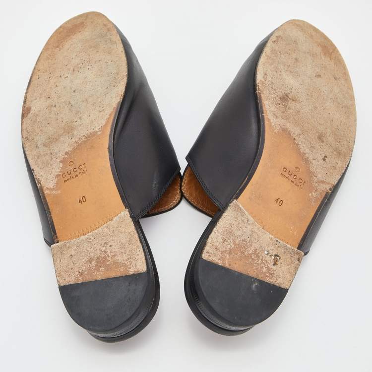 مملوكة مسبقًا Gucci Black Leather Rose Embroidered Princetown Horsebit Flat Mules Size 40