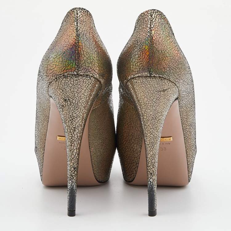 Pre Owned Gucci Metallic Nizza Laser Leather Peep Toe Platform Pumps Size 38
