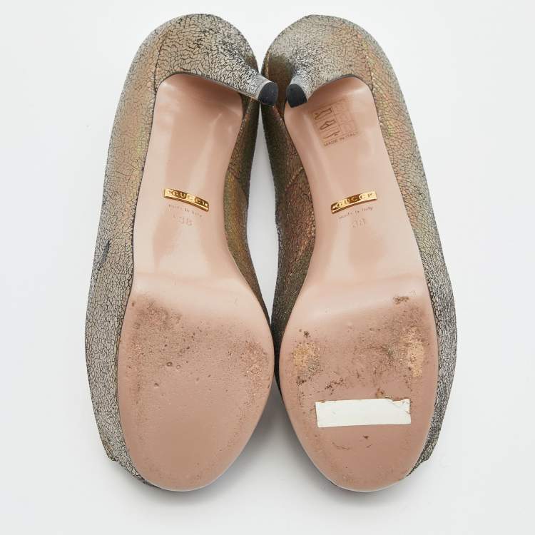 Pre Owned Gucci Metallic Nizza Laser Leather Peep Toe Platform Pumps Size 38