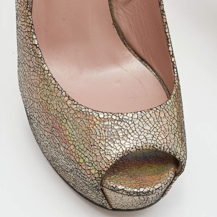 Pre Owned Gucci Metallic Nizza Laser Leather Peep Toe Platform Pumps Size 38