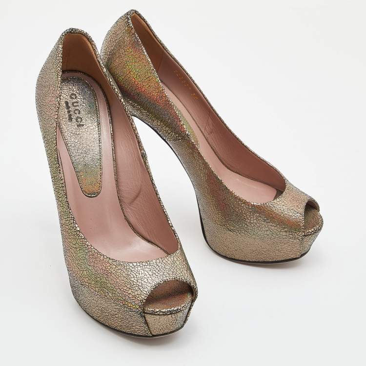 Pre Owned Gucci Metallic Nizza Laser Leather Peep Toe Platform Pumps Size 38