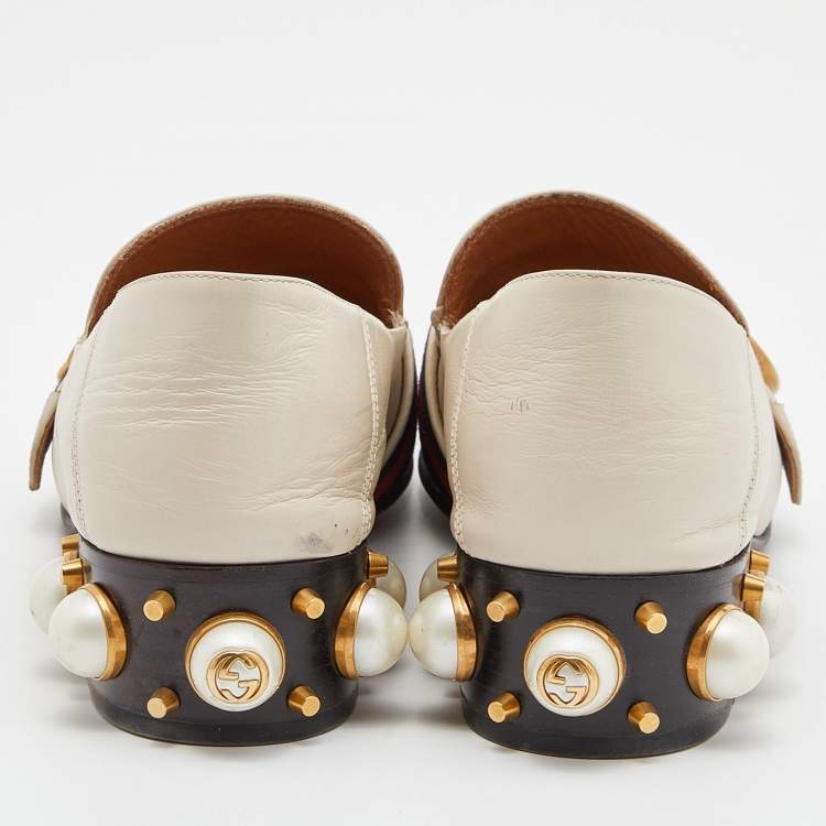 Pre Owned Gucci Beige Leather Peyton GG Sylvie Pearl Studded Loafer Size 37