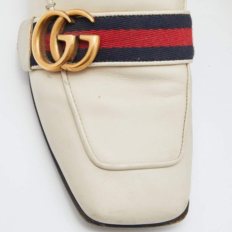 Pre Owned Gucci Beige Leather Peyton GG Sylvie Pearl Studded Loafer Size 37