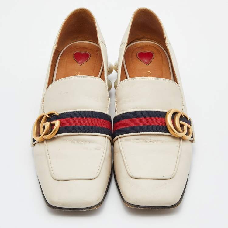Pre Owned Gucci Beige Leather Peyton GG Sylvie Pearl Studded Loafer Size 37