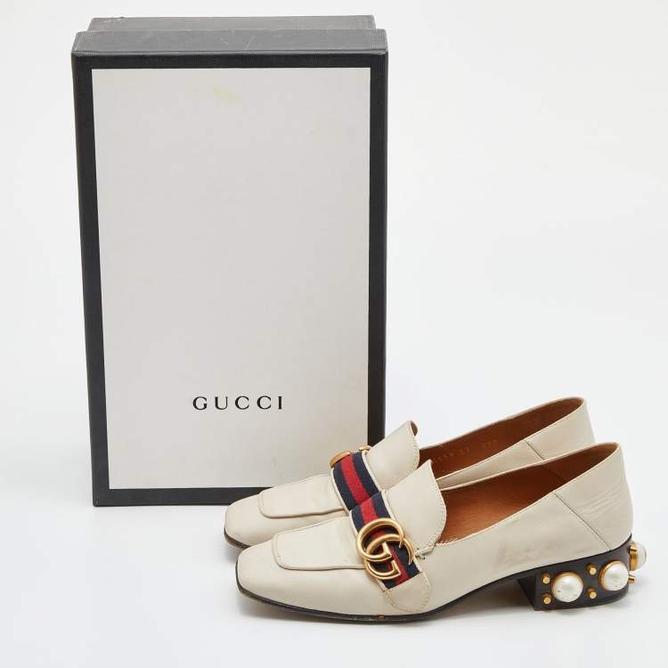 Pre Owned Gucci Beige Leather Peyton GG Sylvie Pearl Studded Loafer Size 37
