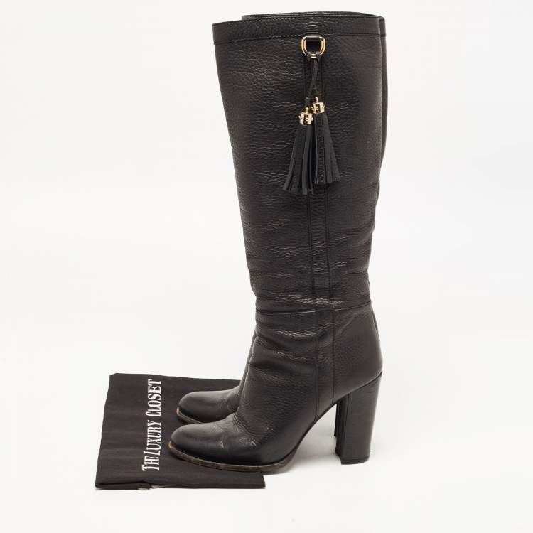 Pre Owned Gucci Black Leather Bamboo Tassel Knee Length Boots Size 39