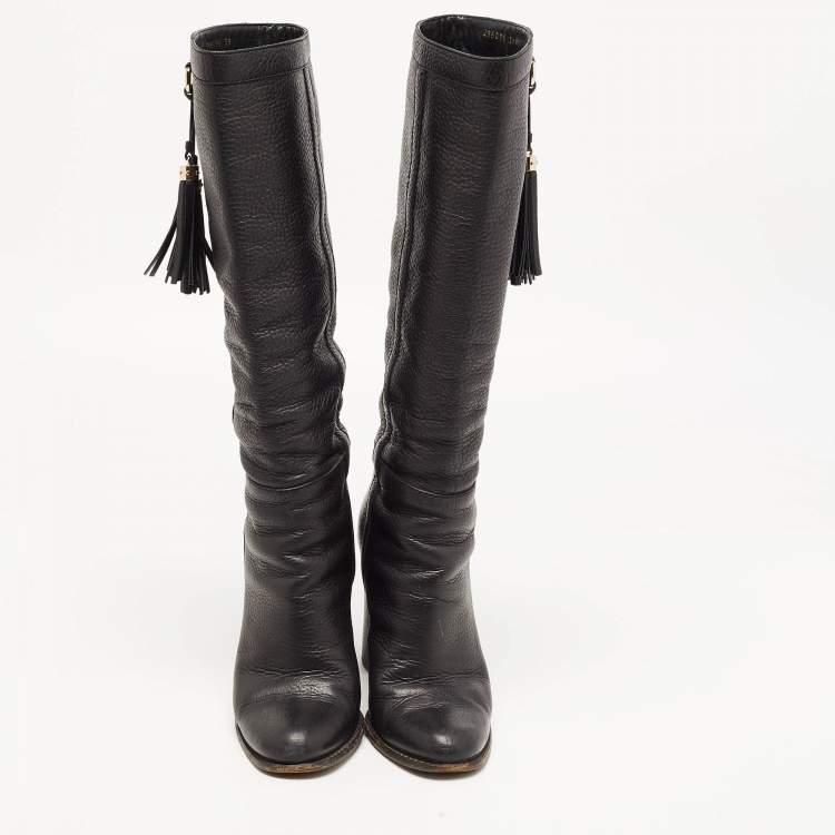 Pre Owned Gucci Black Leather Bamboo Tassel Knee Length Boots Size 39