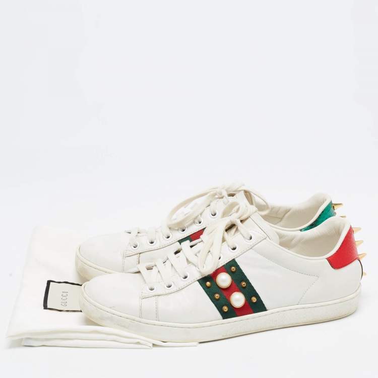 Pre Owned Gucci White Leather Faux Pearl and Spike Embellished Ace Sneakers Size 38.5