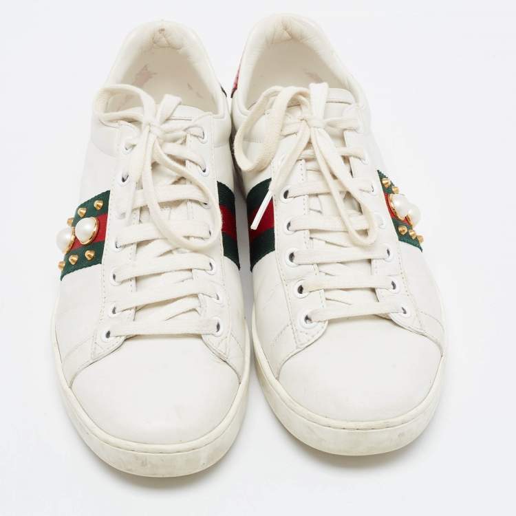 Pre Owned Gucci White Leather Faux Pearl and Spike Embellished Ace Sneakers Size 38.5