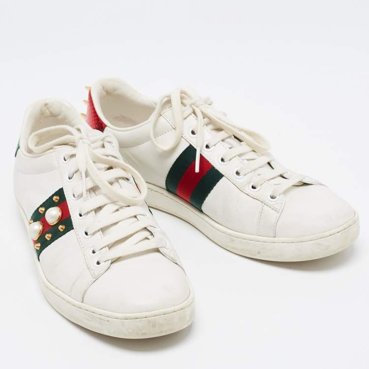 Pre Owned Gucci White Leather Faux Pearl and Spike Embellished Ace Sneakers Size 38.5