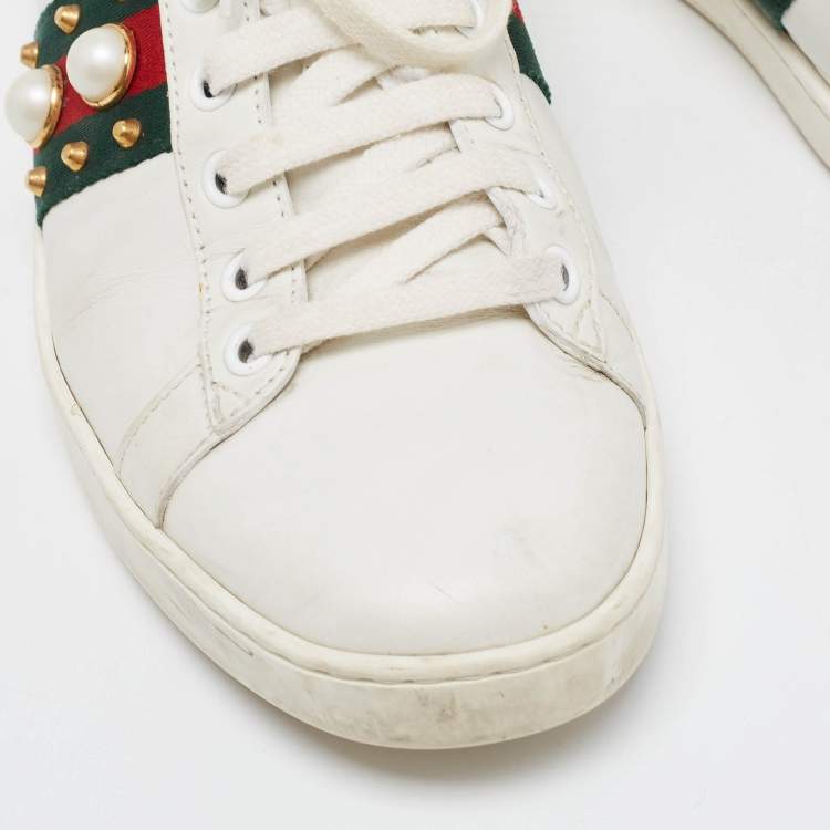 Pre Owned Gucci White Leather Faux Pearl and Spike Embellished Ace Sneakers Size 38.5