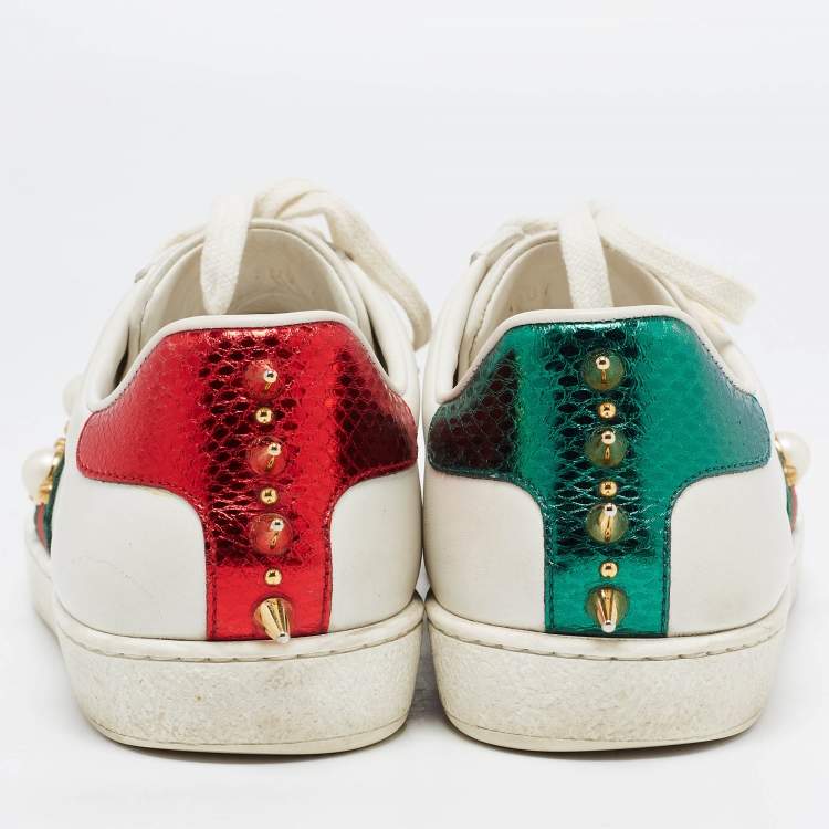Pre Owned Gucci White Leather Faux Pearl and Spike Embellished Ace Sneakers Size 38.5