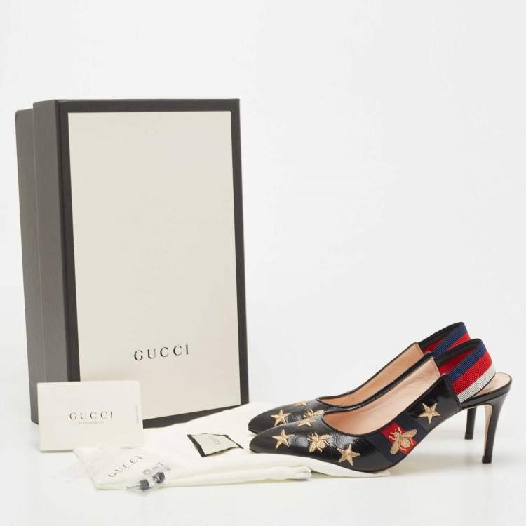 Pre Owned Gucci Black Bee Star Embroidered Leather Web Sylvie Slingback Pumps Size 36.5