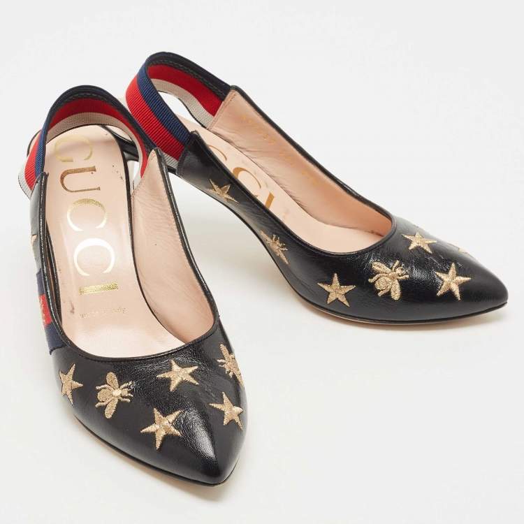 Pre Owned Gucci Black Bee Star Embroidered Leather Web Sylvie Slingback Pumps Size 36.5