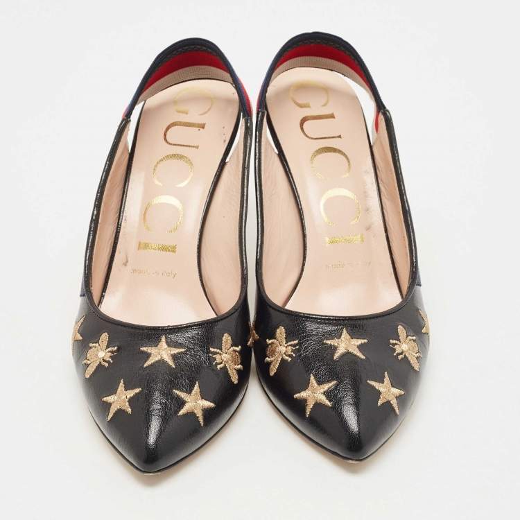 Pre Owned Gucci Black Bee Star Embroidered Leather Web Sylvie Slingback Pumps Size 36.5