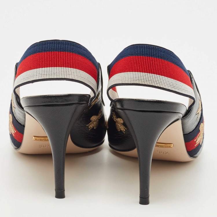 Pre Owned Gucci Black Bee Star Embroidered Leather Web Sylvie Slingback Pumps Size 36.5