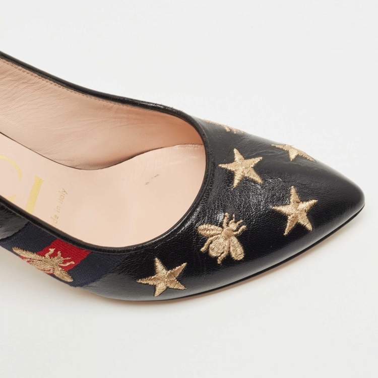 Pre Owned Gucci Black Bee Star Embroidered Leather Web Sylvie Slingback Pumps Size 36.5