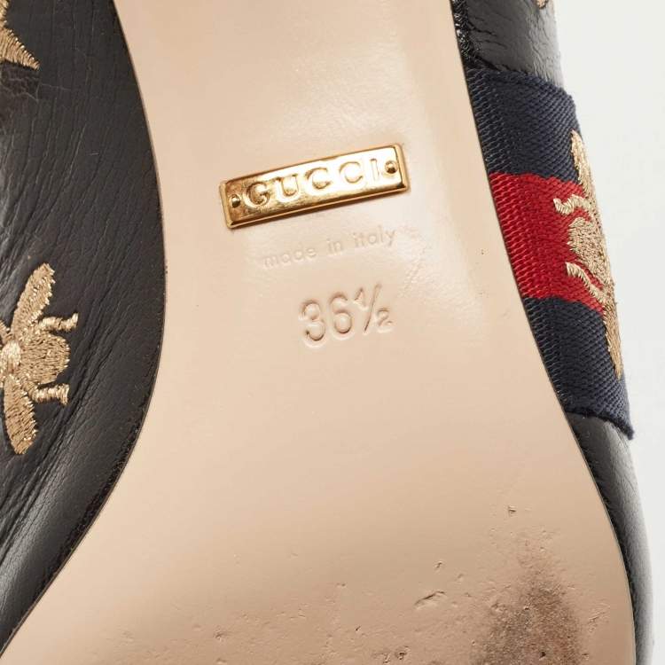 Pre Owned Gucci Black Bee Star Embroidered Leather Web Sylvie Slingback Pumps Size 36.5