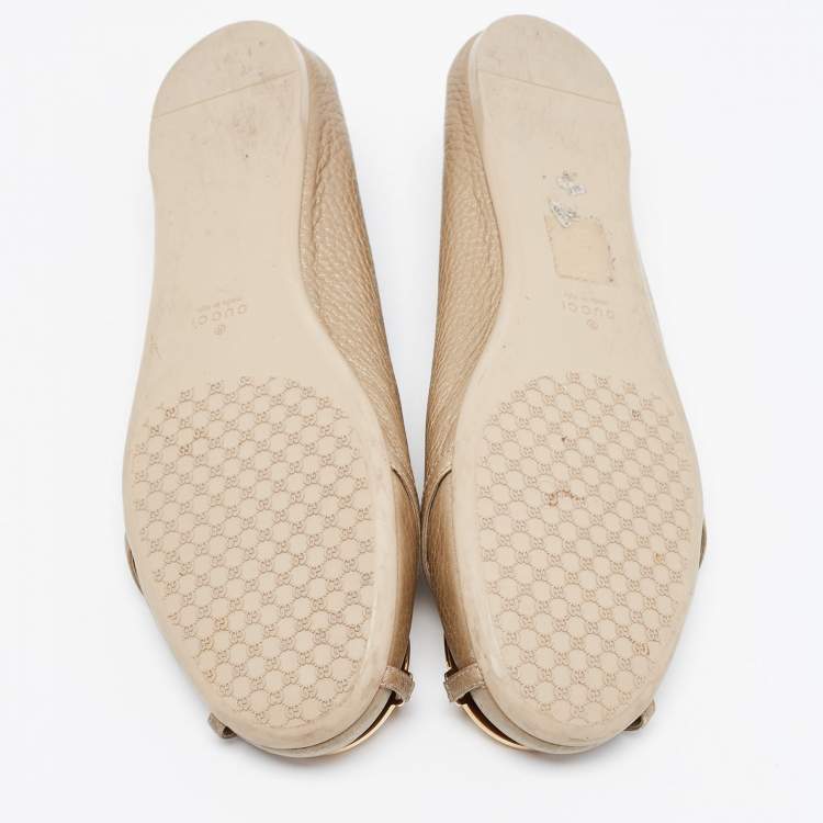 Pre Owned Gucci Metallic Leather Interlocking G Buckle Ballet Flats Size 37.5