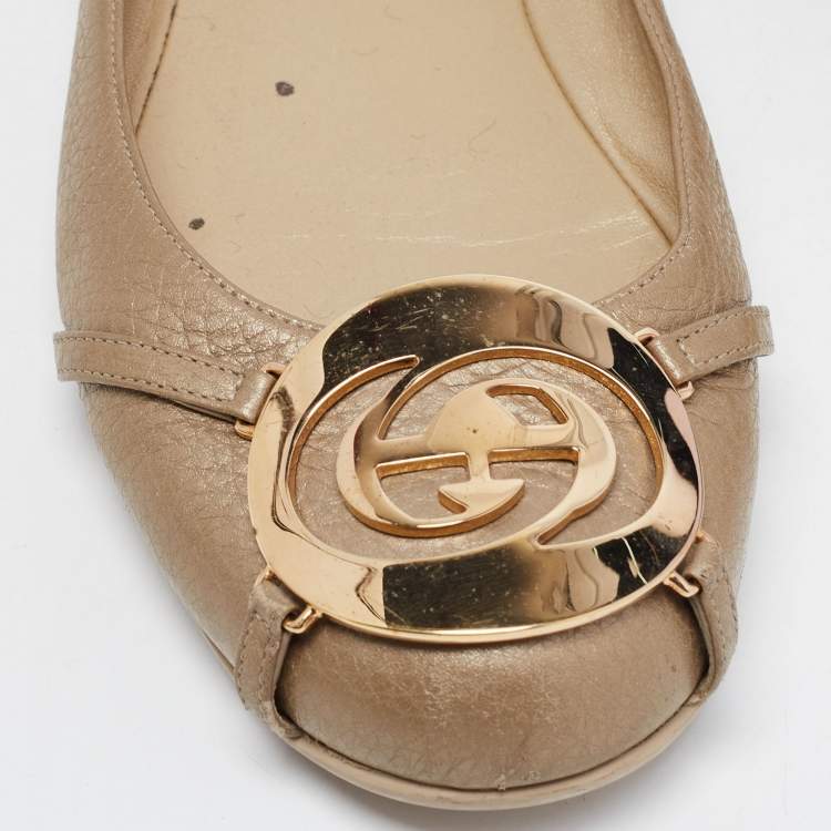 Pre Owned Gucci Metallic Leather Interlocking G Buckle Ballet Flats Size 37.5
