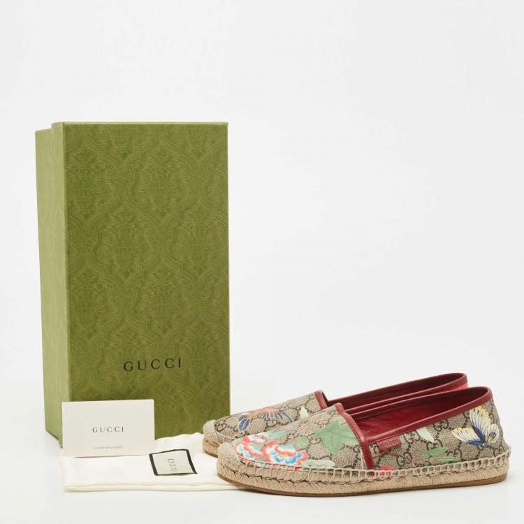 Pre Owned Gucci Beige Flora Print Coated Canvas and Leather Slip On Espadrilles Size 39