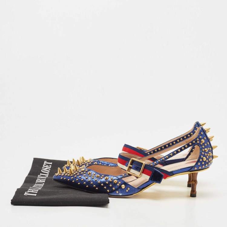 مملوكة مسبقًا Gucci Metallic Blue Leather Unia Mary Jane Pumps Size 38