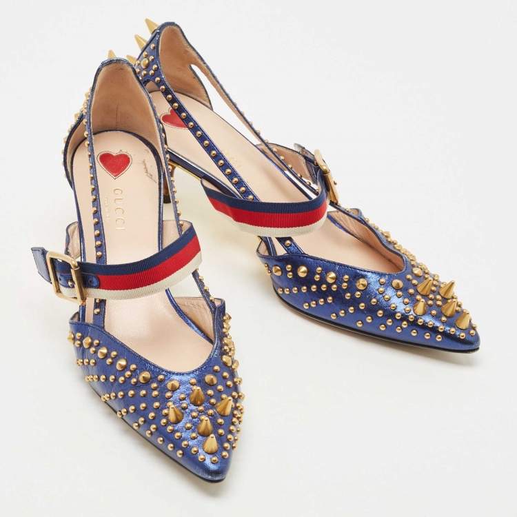 مملوكة مسبقًا Gucci Metallic Blue Leather Unia Mary Jane Pumps Size 38