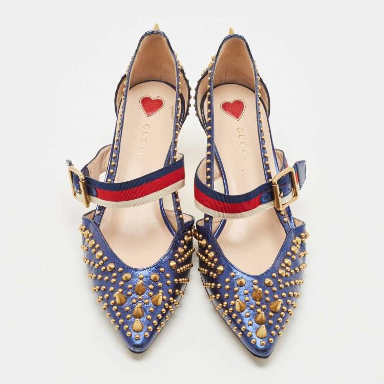 مملوكة مسبقًا Gucci Metallic Blue Leather Unia Mary Jane Pumps Size 38