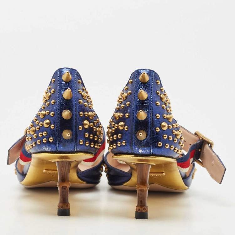 مملوكة مسبقًا Gucci Metallic Blue Leather Unia Mary Jane Pumps Size 38