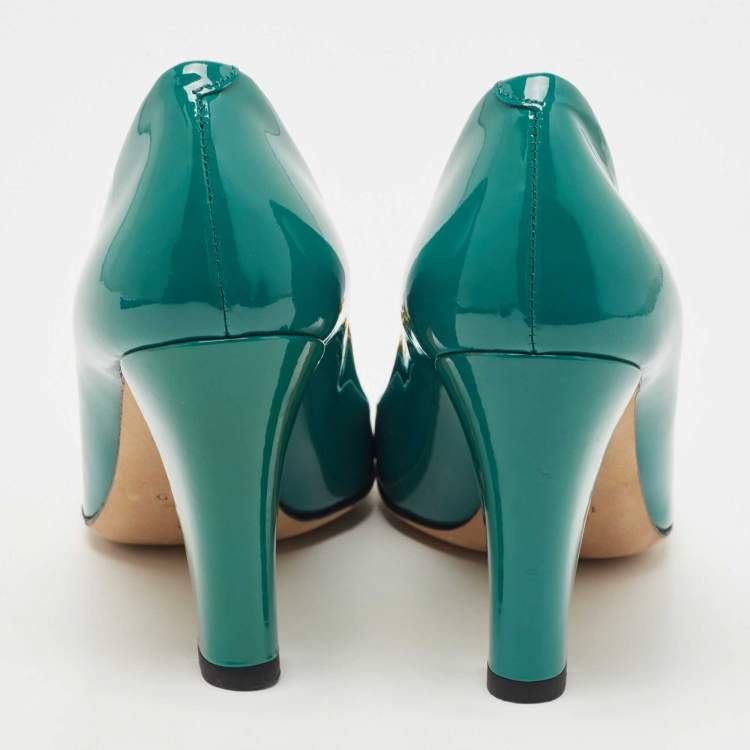 Pre Owned Gucci Green Patent Leather Studded Interlocking G Pumps Size 36