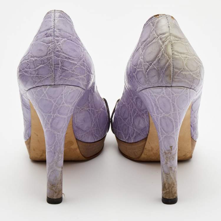 Pre Owned Gucci Light Purple Crocodile Leathe Open Toe Horsebit Pumps Size 39