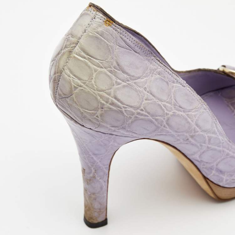 Pre Owned Gucci Light Purple Crocodile Leathe Open Toe Horsebit Pumps Size 39