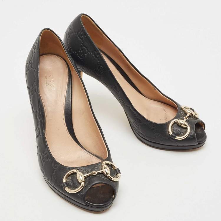 Pre Owned Gucci Black Guccissima Leather New Hollywood Platform Pumps Size 37