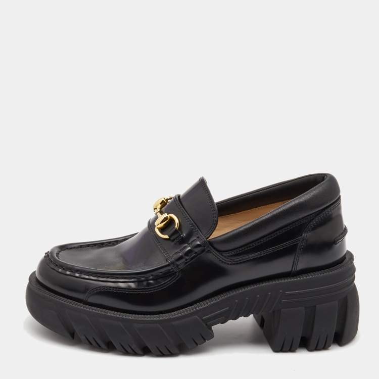 Pre Owned Gucci Black Leather Romance Horsebit Loafers Size 38