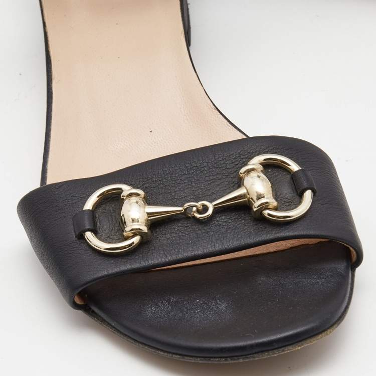 Pre Owned Gucci Black Leather Horsebit Ankle Strap Sandals Size 37