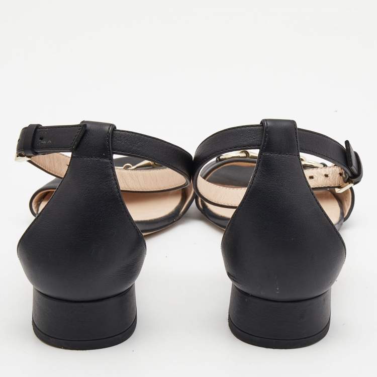 Pre Owned Gucci Black Leather Horsebit Ankle Strap Sandals Size 37