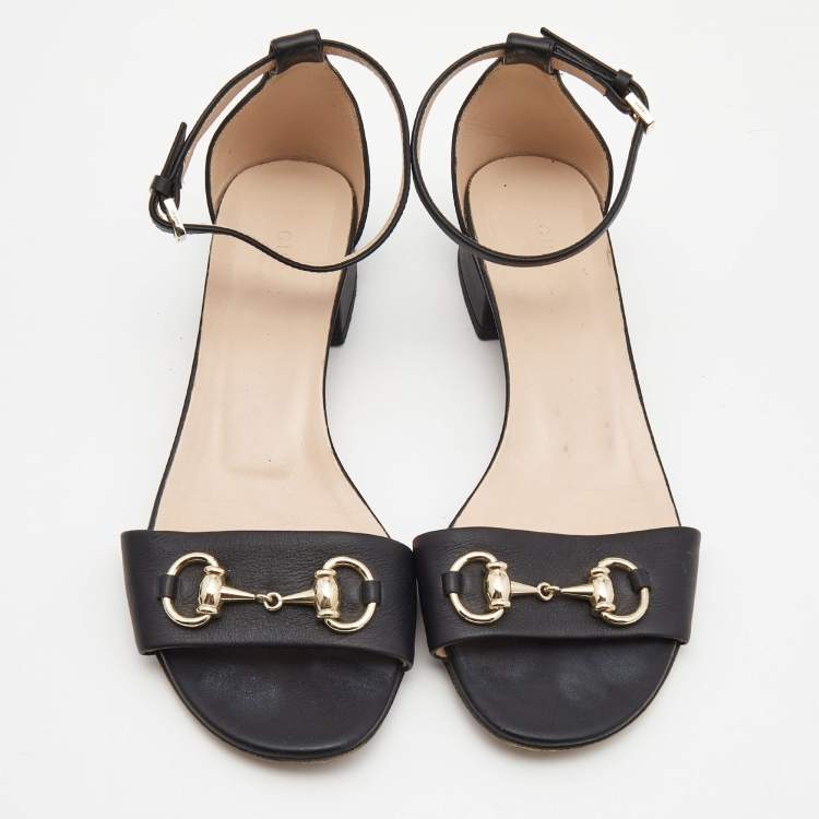 Pre Owned Gucci Black Leather Horsebit Ankle Strap Sandals Size 37