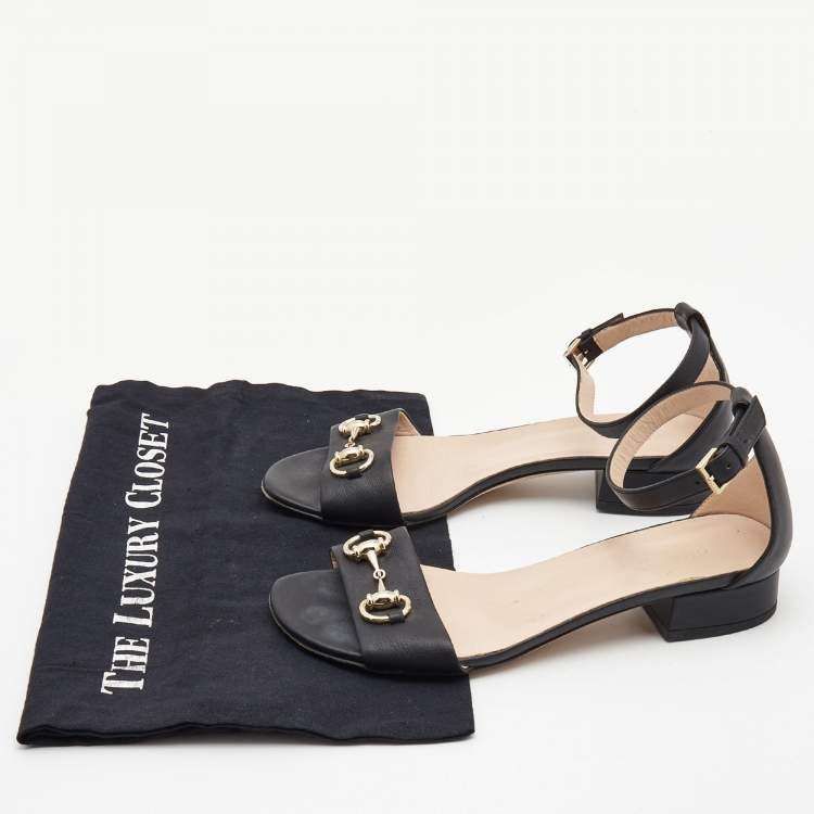 Pre Owned Gucci Black Leather Horsebit Ankle Strap Sandals Size 37