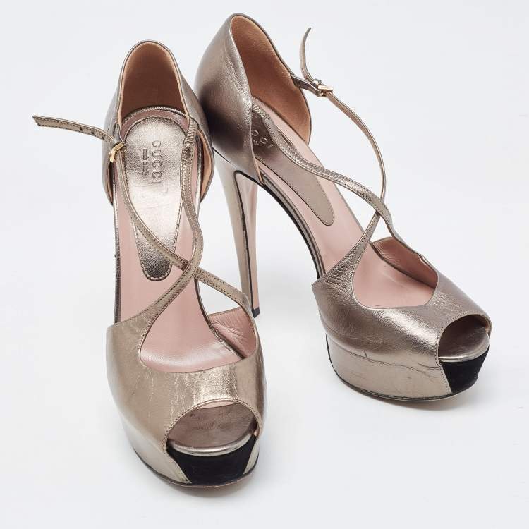 Pre Owned Gucci Metallic Grey Leather Ankle Strap Peep Toe Platform Pumps Size 38