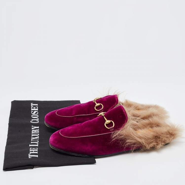 Pre Owned Gucci Purple Velvet and Fur Princetown Flat Mules Size 37.5