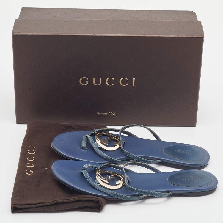 Pre Owned Gucci Blue Leather GG Cage Flat Thong Sandals Size 37