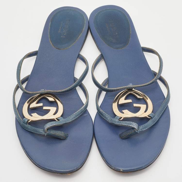 Pre Owned Gucci Blue Leather GG Cage Flat Thong Sandals Size 37